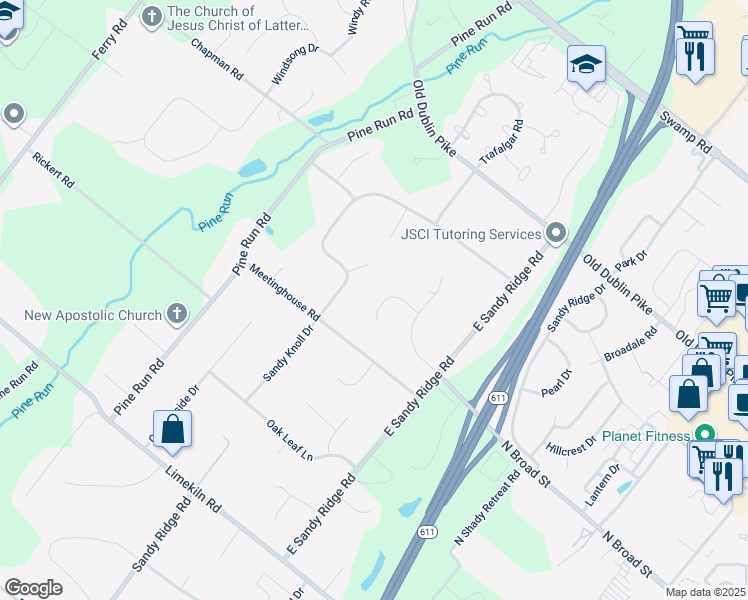 map of restaurants, bars, coffee shops, grocery stores, and more near 16 Charter Circle in Doylestown