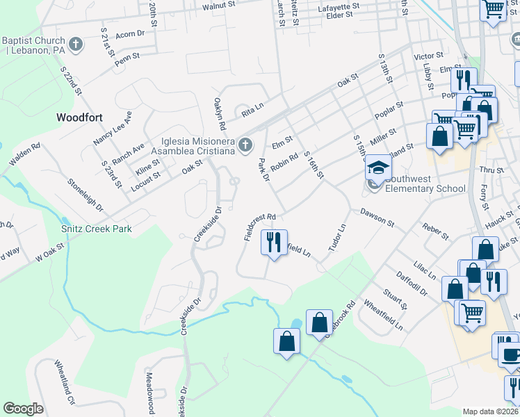 map of restaurants, bars, coffee shops, grocery stores, and more near 1807 Fieldcrest Road in Lebanon