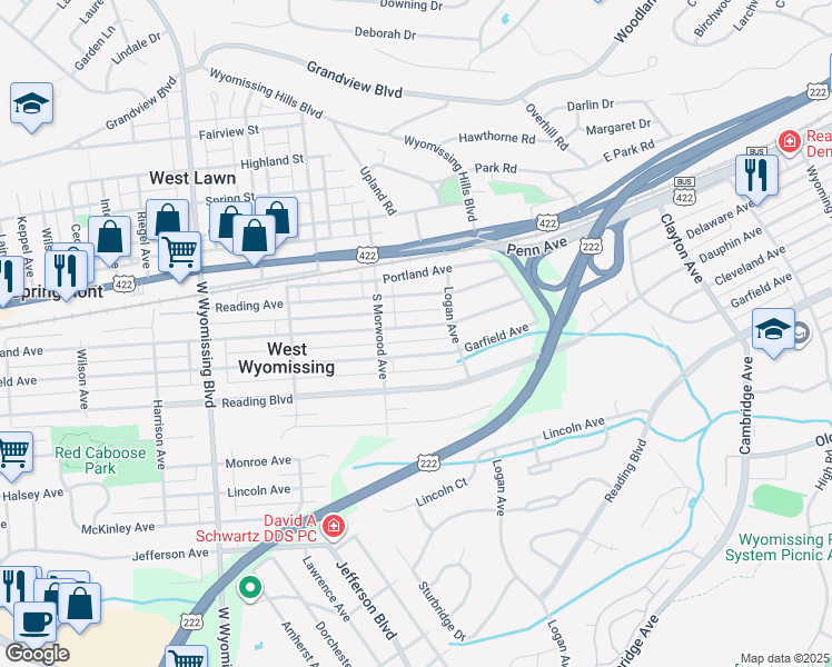 map of restaurants, bars, coffee shops, grocery stores, and more near 2034 Cleveland Avenue in Reading