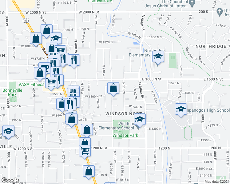 map of restaurants, bars, coffee shops, grocery stores, and more near 178 West 1525 North in Orem