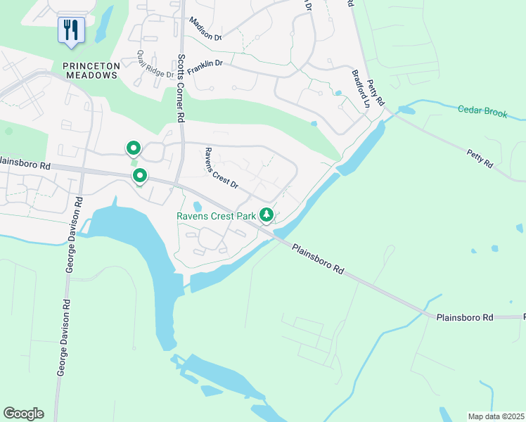 map of restaurants, bars, coffee shops, grocery stores, and more near 208 Ravens Crest Drive in Plainsboro Township