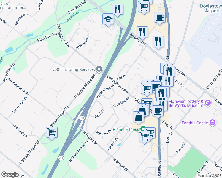 map of restaurants, bars, coffee shops, grocery stores, and more near 8 Sandy Ridge Drive in Doylestown