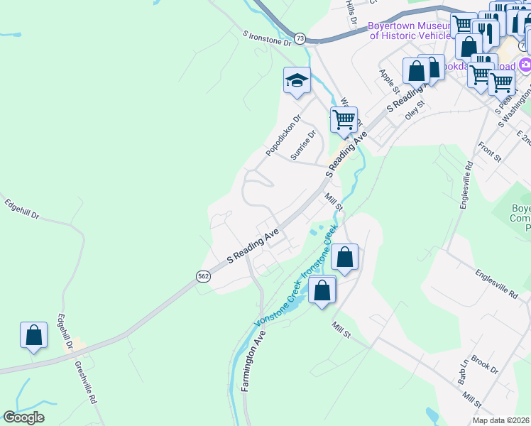 map of restaurants, bars, coffee shops, grocery stores, and more near 127 Village Drive in Boyertown
