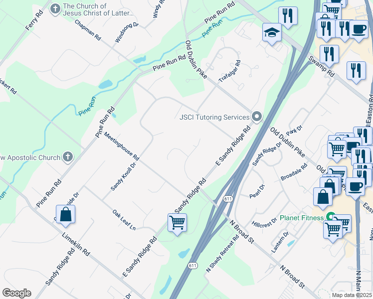 map of restaurants, bars, coffee shops, grocery stores, and more near 22 Charter Circle in Doylestown