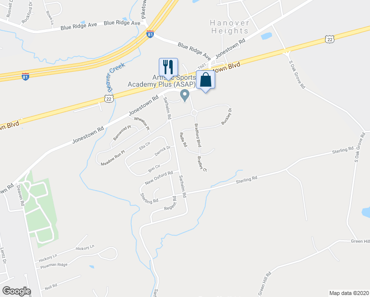 map of restaurants, bars, coffee shops, grocery stores, and more near 166 Radle Road in Harrisburg