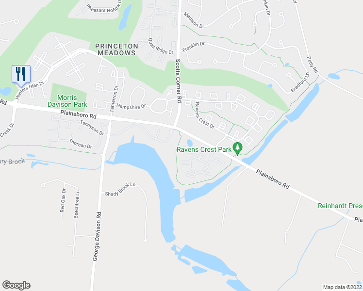 map of restaurants, bars, coffee shops, grocery stores, and more near 1710 Aspen Drive in Princeton Meadows