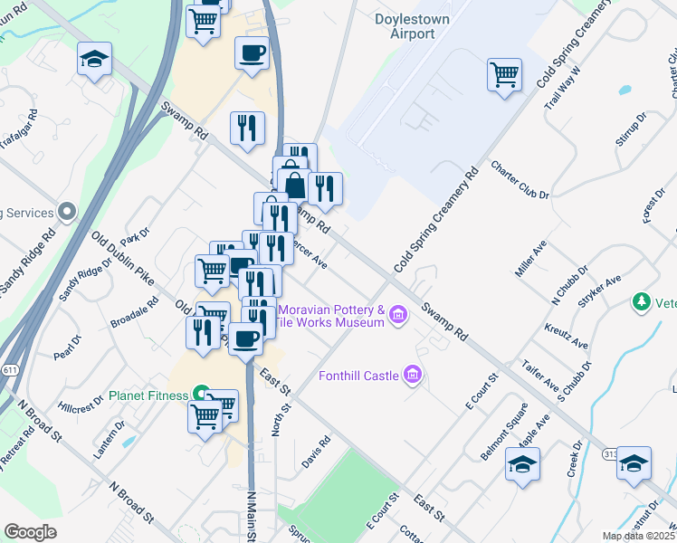 map of restaurants, bars, coffee shops, grocery stores, and more near 87 Mercer Avenue in Doylestown