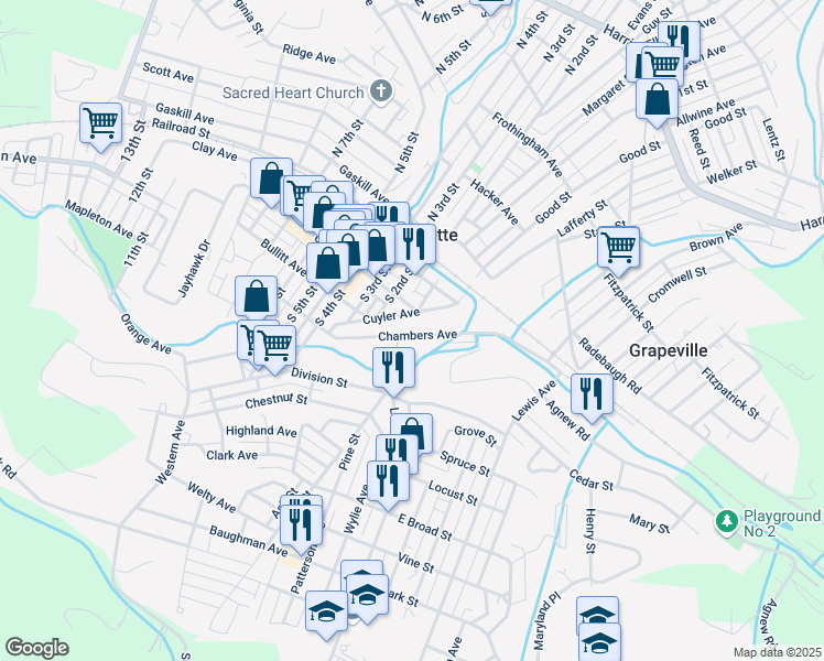 map of restaurants, bars, coffee shops, grocery stores, and more near 101 Clay Avenue in Jeannette