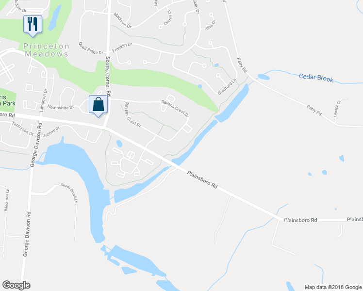 map of restaurants, bars, coffee shops, grocery stores, and more near 704 Ravens Crest Drive in Princeton Meadows