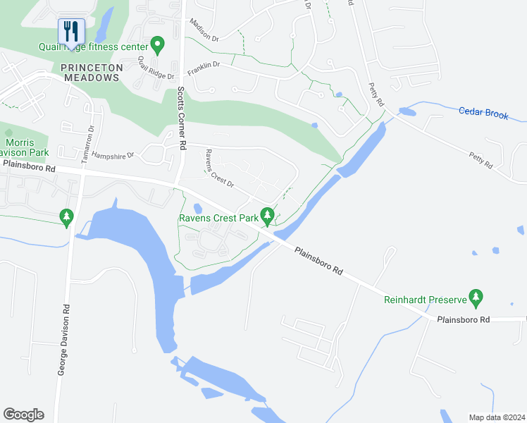 map of restaurants, bars, coffee shops, grocery stores, and more near 4915 Ravens Crest Drive in Princeton Meadows