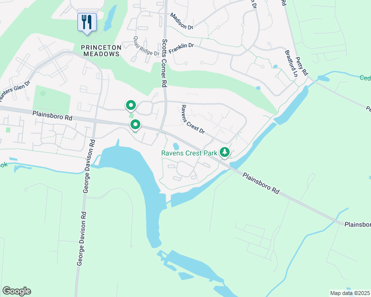 map of restaurants, bars, coffee shops, grocery stores, and more near 4310 Ravens Crest Drive in Plainsboro Township