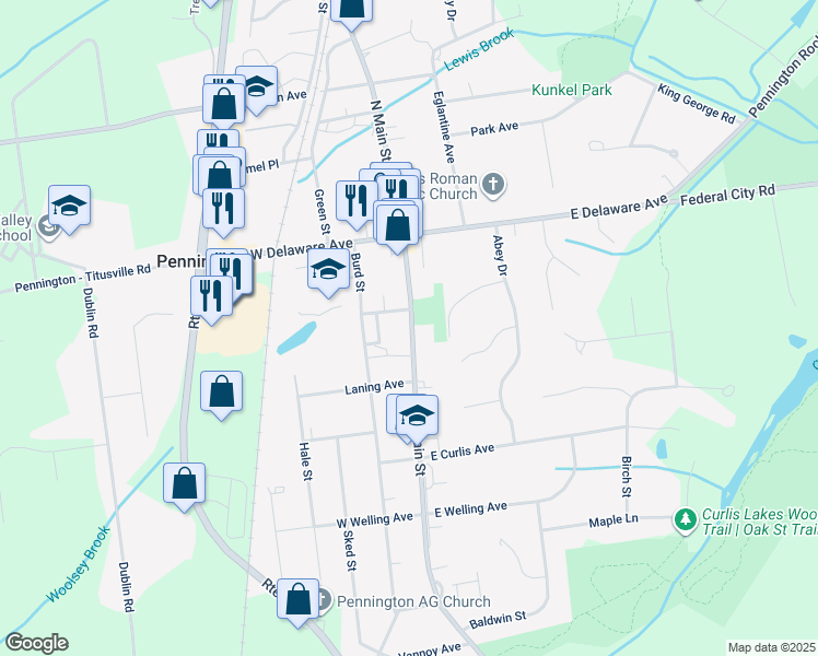 map of restaurants, bars, coffee shops, grocery stores, and more near 60 South Main Street in Pennington