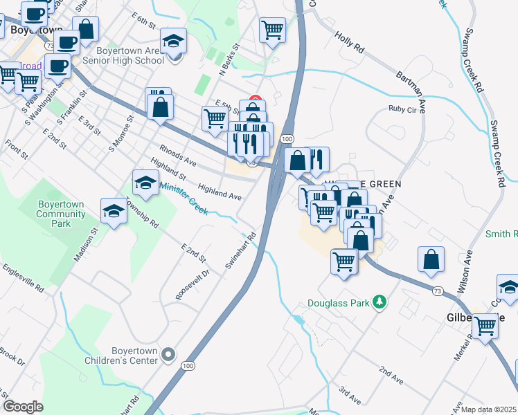 map of restaurants, bars, coffee shops, grocery stores, and more near 42 Douglas Street in Boyertown