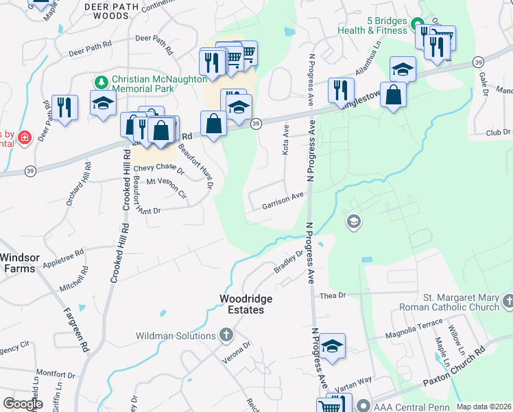 map of restaurants, bars, coffee shops, grocery stores, and more near 2425 Jericho Drive in Harrisburg