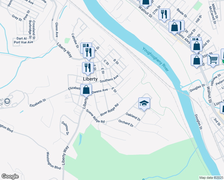 map of restaurants, bars, coffee shops, grocery stores, and more near 310 Owens Avenue in McKeesport