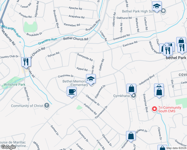 map of restaurants, bars, coffee shops, grocery stores, and more near 259 Voss Road in Bethel Park
