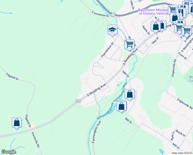 map of restaurants, bars, coffee shops, grocery stores, and more near 128 Village Drive in Boyertown