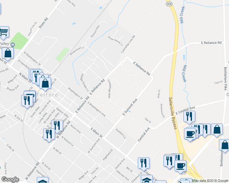 map of restaurants, bars, coffee shops, grocery stores, and more near 86 Reliance Square in Telford