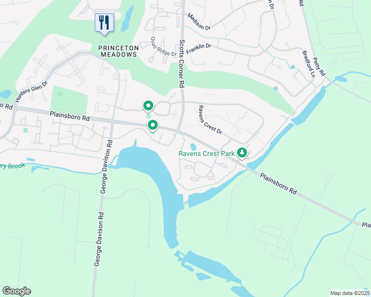 map of restaurants, bars, coffee shops, grocery stores, and more near 1711 Aspen Drive in Princeton Meadows