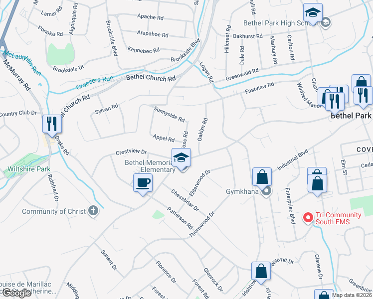 map of restaurants, bars, coffee shops, grocery stores, and more near 259 Voss Road in Bethel Park
