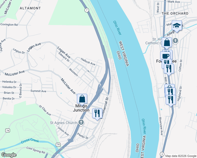 map of restaurants, bars, coffee shops, grocery stores, and more near 108 Holly Avenue in Mingo Junction