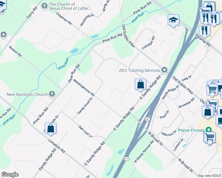 map of restaurants, bars, coffee shops, grocery stores, and more near 16 Charter Circle in Doylestown