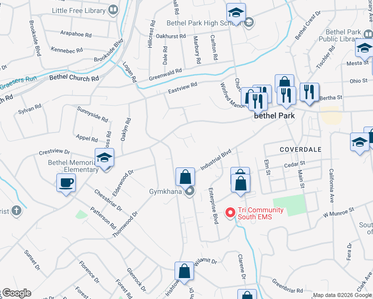 map of restaurants, bars, coffee shops, grocery stores, and more near 101 Kendall Lane in Bethel Park