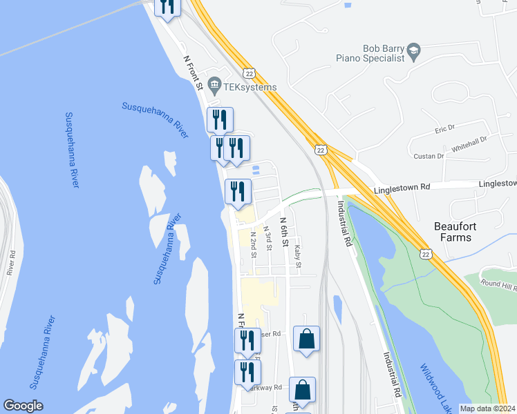 map of restaurants, bars, coffee shops, grocery stores, and more near 4415 North 2nd Street in Harrisburg