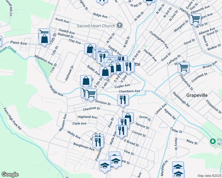 map of restaurants, bars, coffee shops, grocery stores, and more near 314 Bullitt Avenue in Jeannette