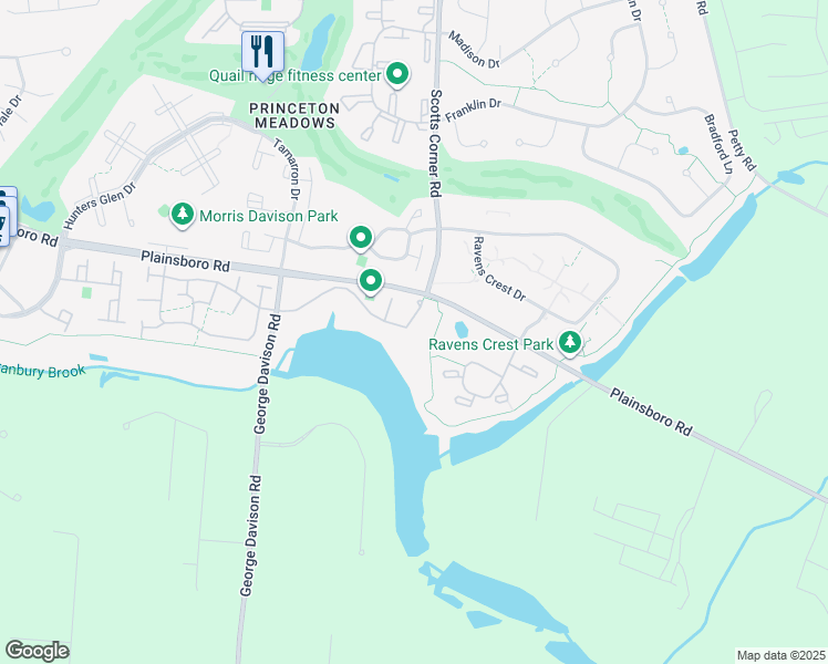 map of restaurants, bars, coffee shops, grocery stores, and more near 75 Ashford Drive in Princeton Meadows