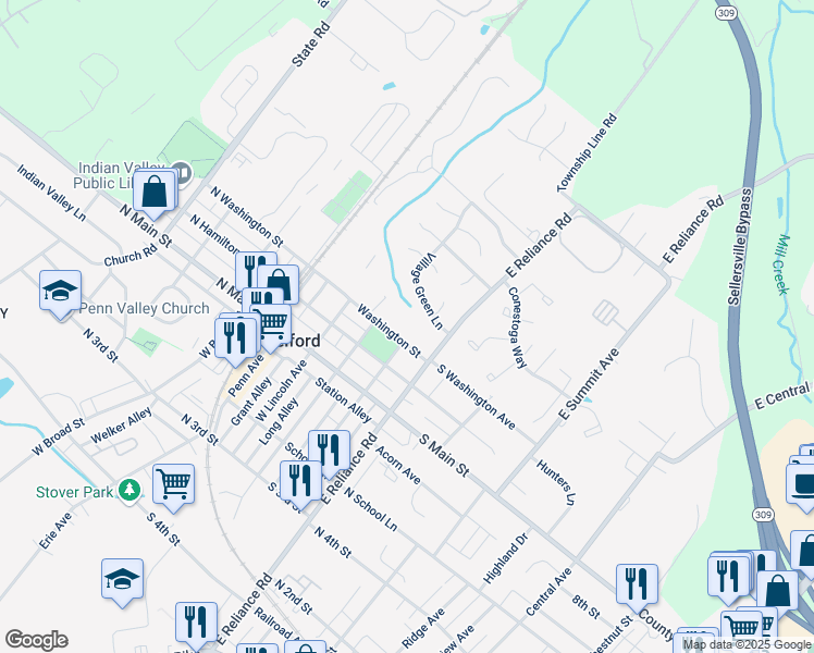 map of restaurants, bars, coffee shops, grocery stores, and more near 216 Village Green Lane in Telford