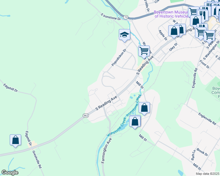 map of restaurants, bars, coffee shops, grocery stores, and more near 110 Village Drive in Boyertown
