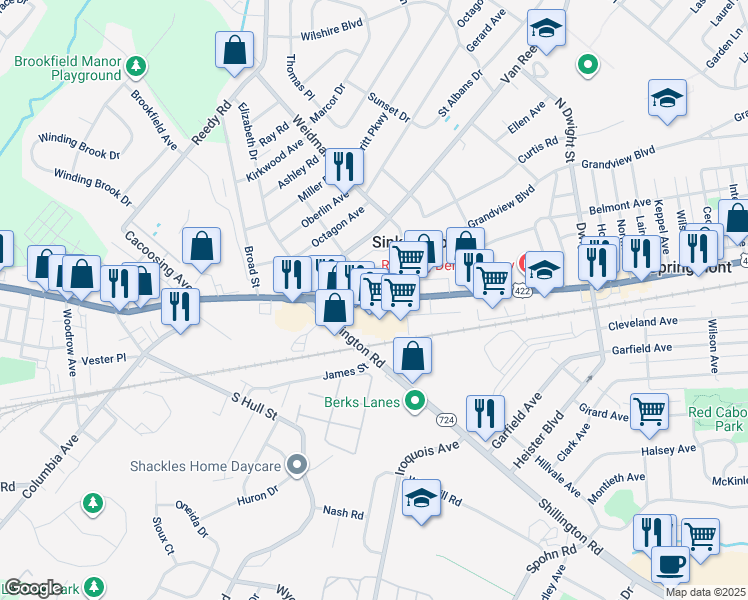 map of restaurants, bars, coffee shops, grocery stores, and more near 52 Blanbird Drive in Sinking Spring