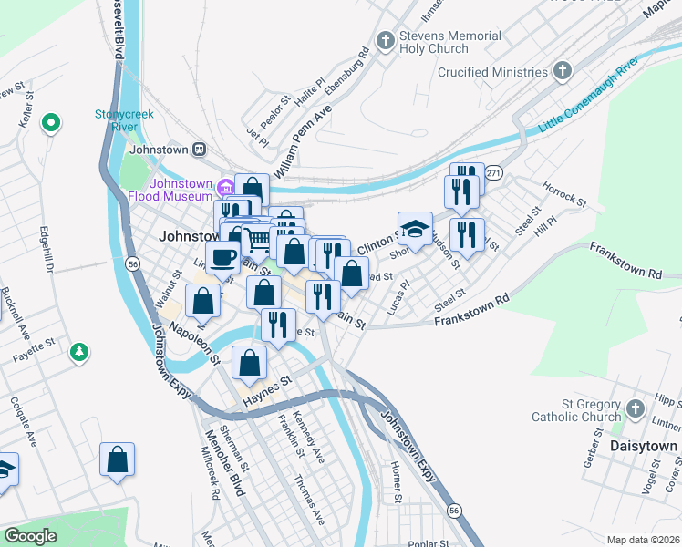 map of restaurants, bars, coffee shops, grocery stores, and more near in Johnstown