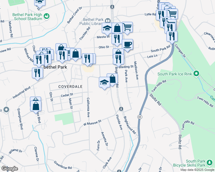 map of restaurants, bars, coffee shops, grocery stores, and more near 5365 Florida Avenue in Bethel Park