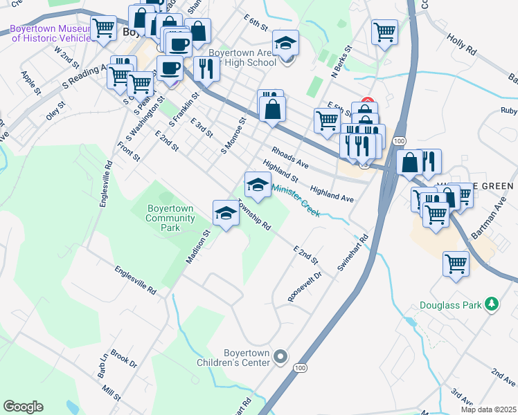 map of restaurants, bars, coffee shops, grocery stores, and more near 641 East 2nd Street in Boyertown