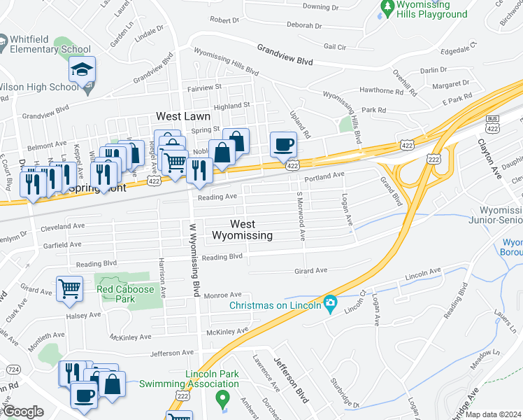 map of restaurants, bars, coffee shops, grocery stores, and more near 2161 Cleveland Avenue in West Lawn