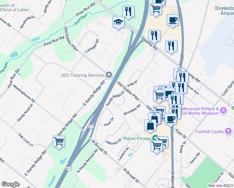 map of restaurants, bars, coffee shops, grocery stores, and more near 17 Sandy Ridge Drive in Doylestown