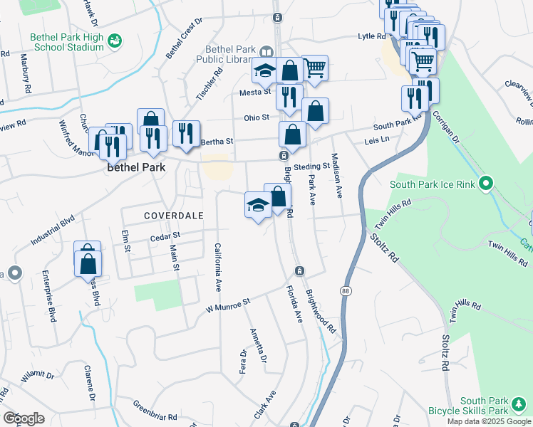 map of restaurants, bars, coffee shops, grocery stores, and more near 5365 Florida Avenue in Bethel Park