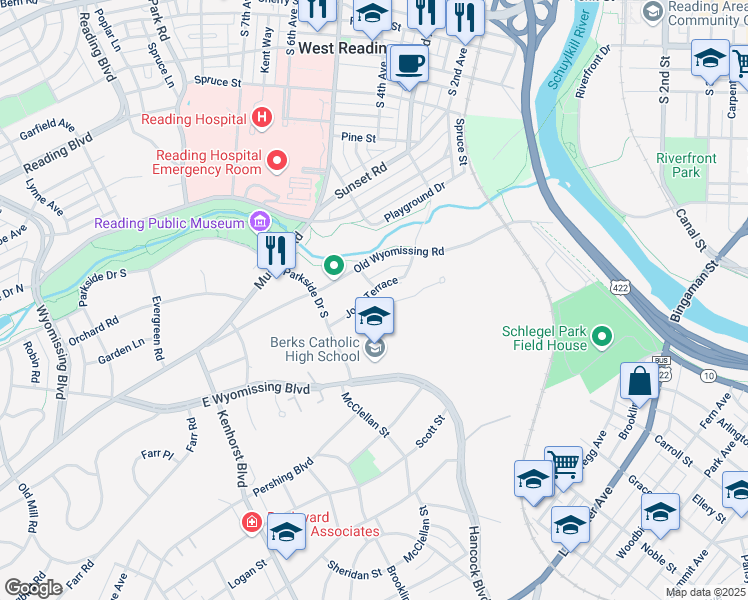 map of restaurants, bars, coffee shops, grocery stores, and more near 901 Joan Terrace in Reading