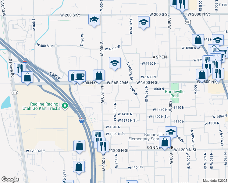 map of restaurants, bars, coffee shops, grocery stores, and more near 1554 N 1150 W in Orem