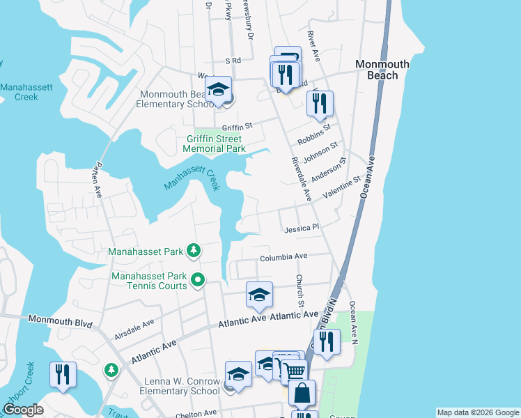 map of restaurants, bars, coffee shops, grocery stores, and more near 47 Valentine Street in Monmouth Beach