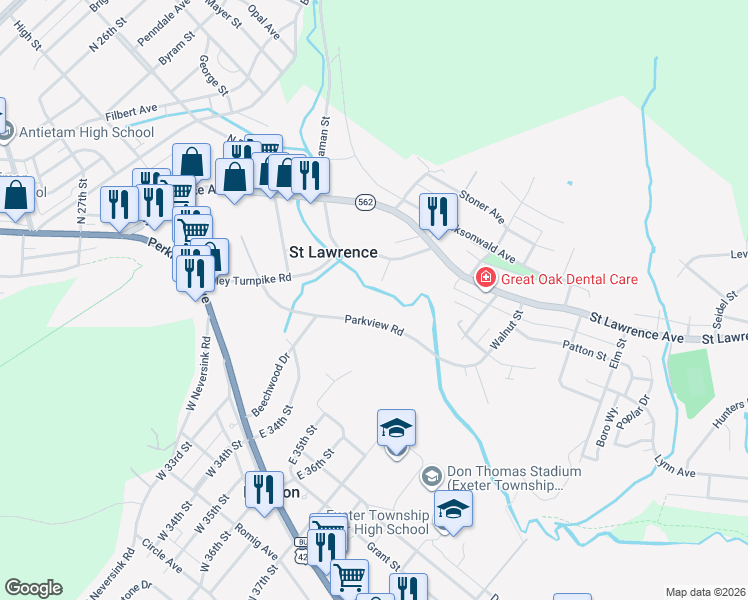 map of restaurants, bars, coffee shops, grocery stores, and more near 329 Parkview Road in Reading