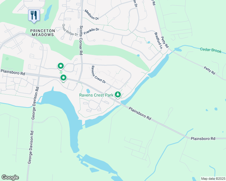 map of restaurants, bars, coffee shops, grocery stores, and more near 4603 Ravens Crest Drive in Princeton Meadows