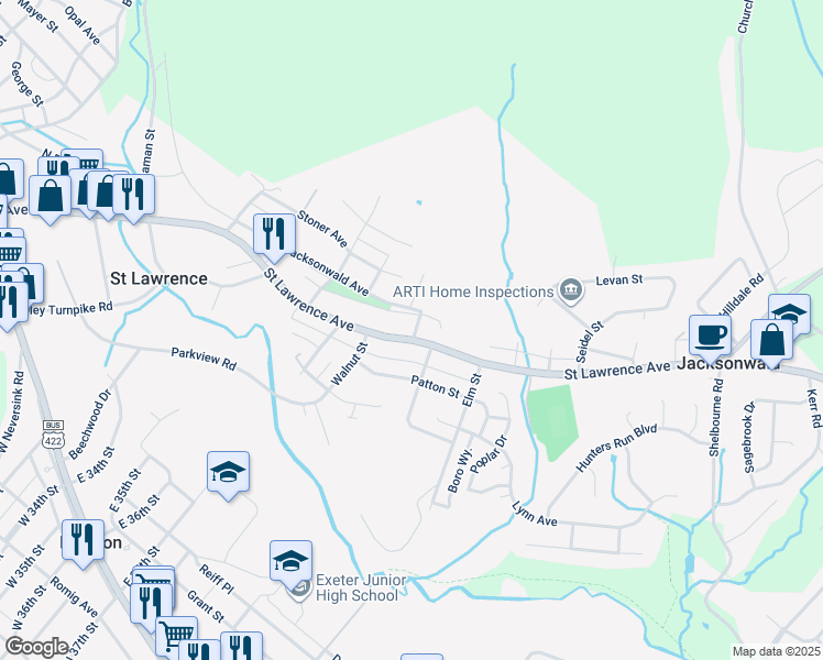 map of restaurants, bars, coffee shops, grocery stores, and more near 3616 Jacksonwald Avenue in Reading