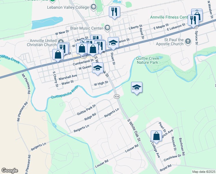 map of restaurants, bars, coffee shops, grocery stores, and more near 301 South White Oak Street in Annville
