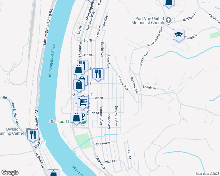 map of restaurants, bars, coffee shops, grocery stores, and more near in Glassport