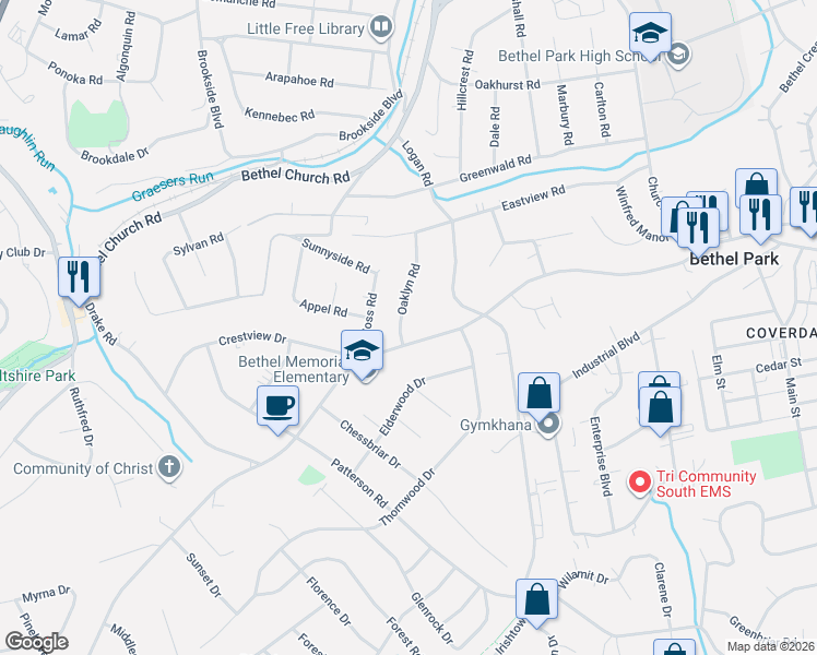 map of restaurants, bars, coffee shops, grocery stores, and more near 259 Oaklyn Road in Bethel Park