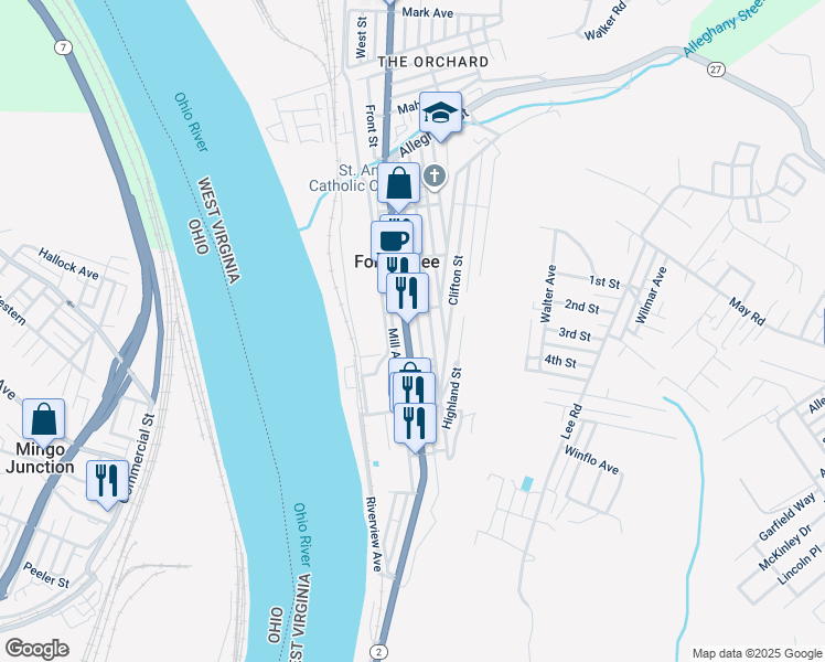 map of restaurants, bars, coffee shops, grocery stores, and more near 700-798 Rose Alley in Follansbee