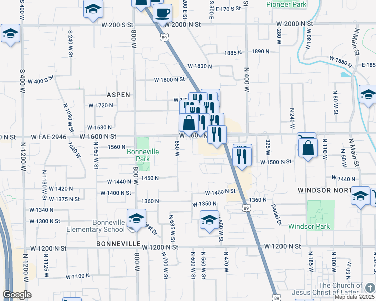 map of restaurants, bars, coffee shops, grocery stores, and more near 613 West 1550 North Street in Orem